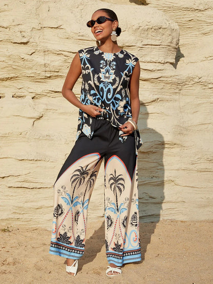 Summer Night Palm Silky Satin Vacation Top