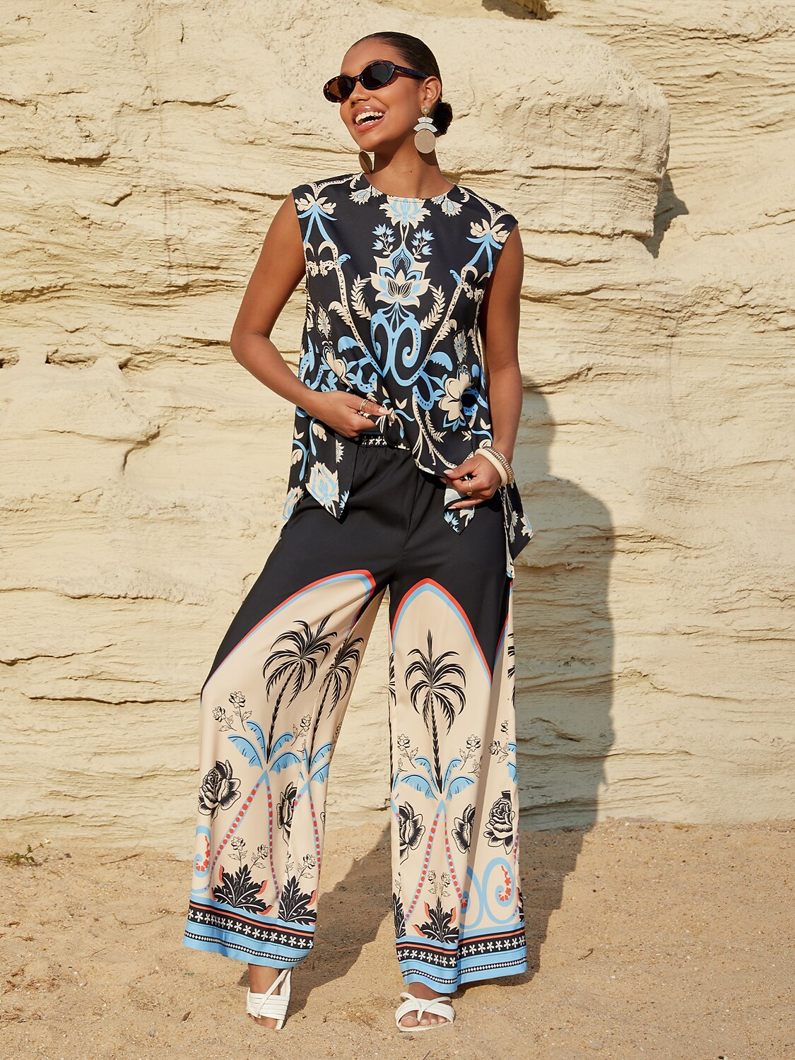Summer Night Palm Silky Satin Vacation Sleeveless Top