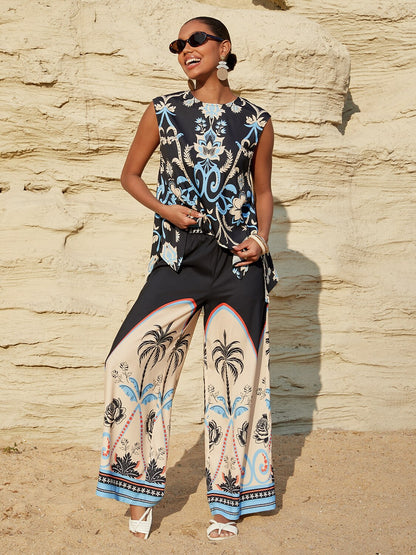 Summer Night Palm Silky Satin Vacation Sleeveless Top