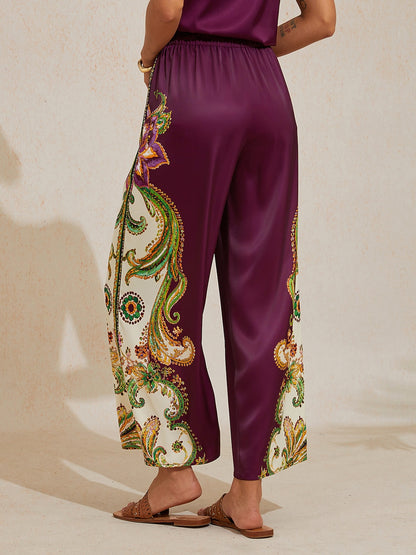 Burgundy Paisley Silky Satin Wide Leg Pants