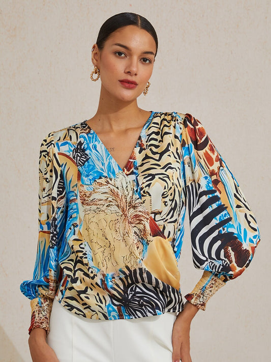 Sapphire Zebra Bloom Silky Satin Blouse