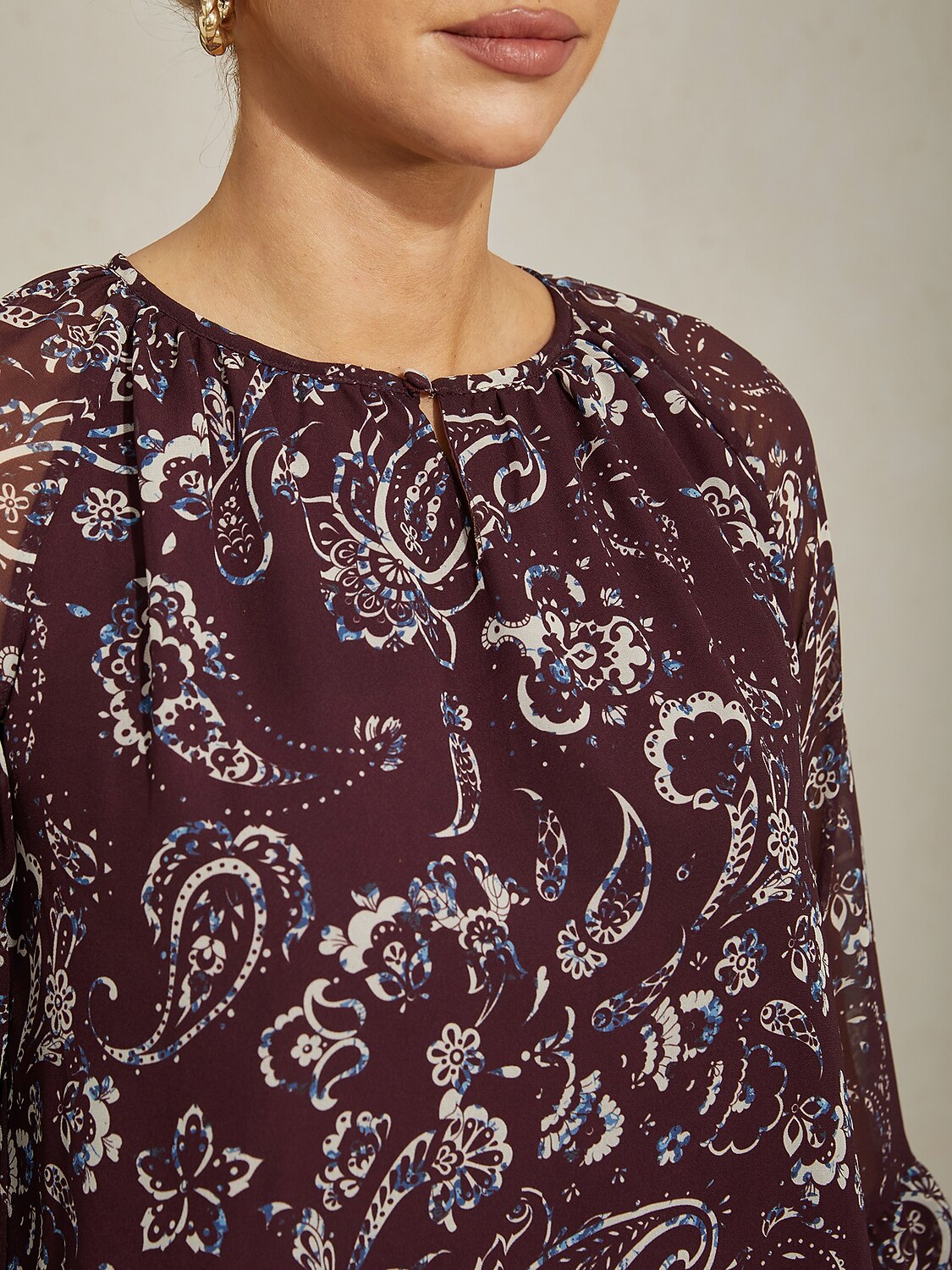 Wine Floral Print Layered Chiffon Blouse