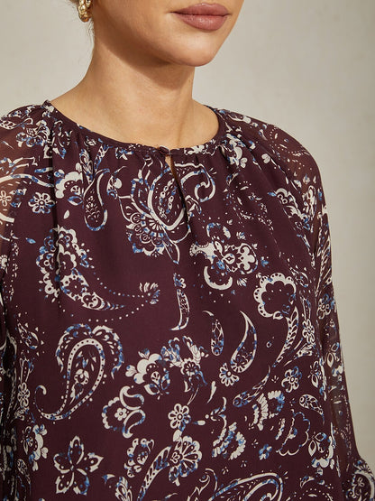 Wine Floral Print Layered Chiffon Blouse