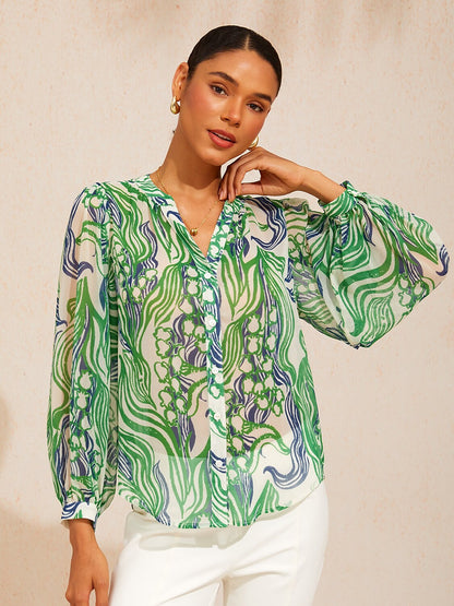 Abstract Bell Flower Flowy Chiffon Top