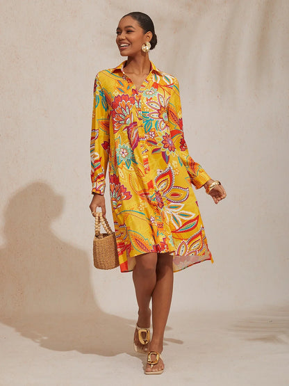 Boho Paisley Silky Satin Shirt Dress