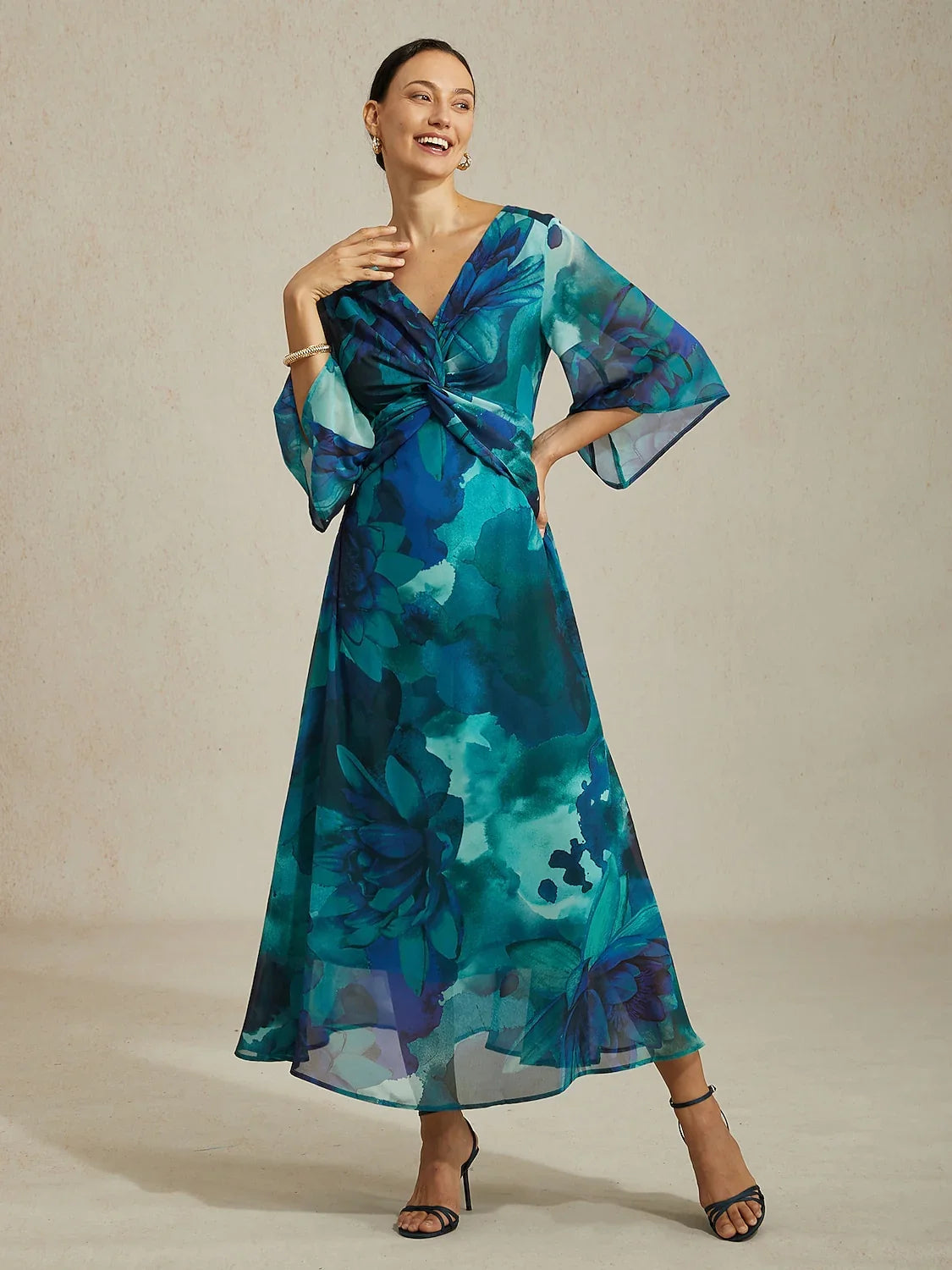 Chiffon Green Abstract Floral Print Twist Knot Maxi Dress