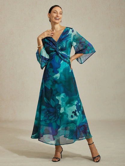 Chiffon Green Abstract Floral Print Twist Knot Maxi Dress