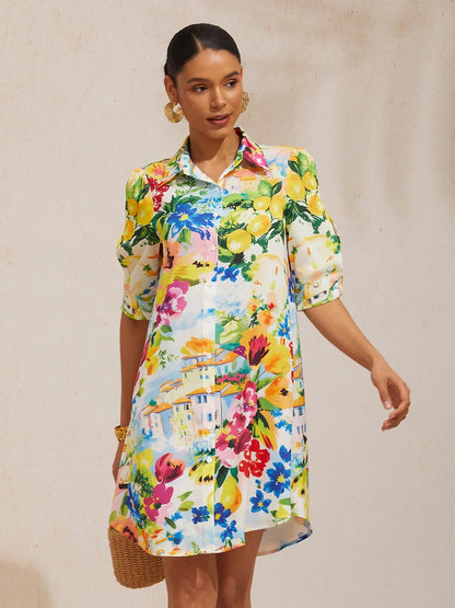 Boho Paisley Silky Satin Shirt Dress
