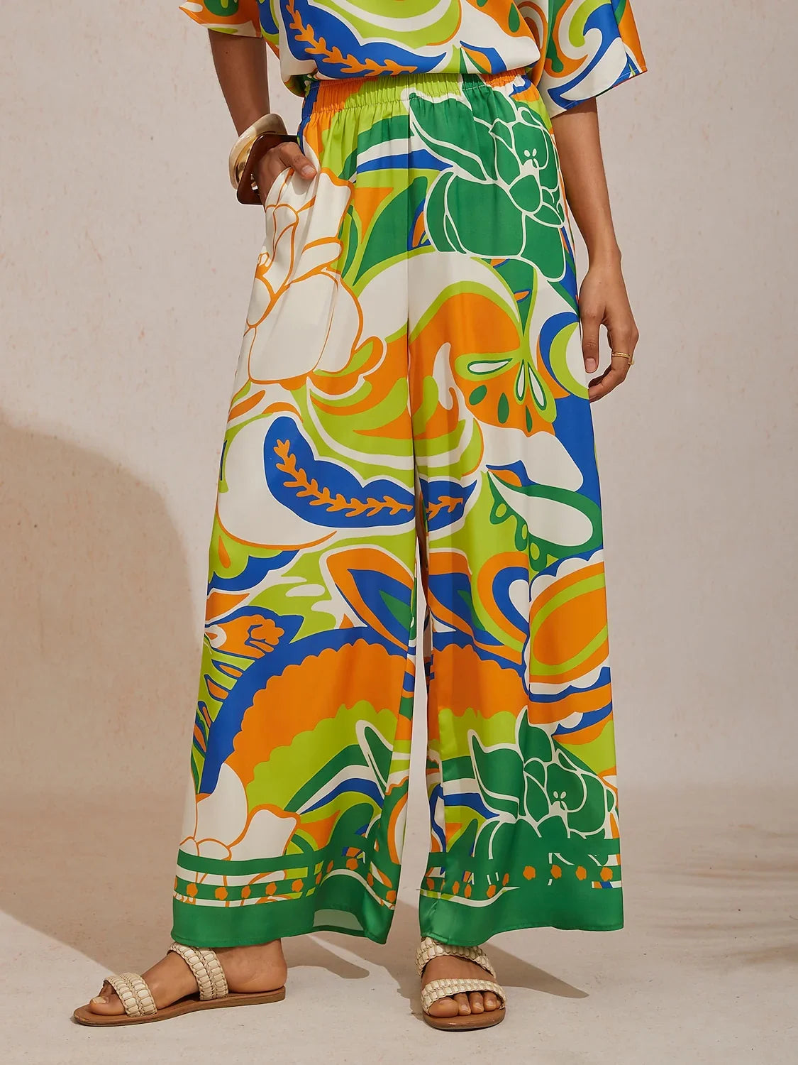 Summer Night Palm Silky Satin Wide Leg Pants