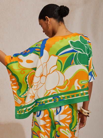Boho-Paisley-Oberteil aus seidigem Satin mit Dolman-Ärmeln