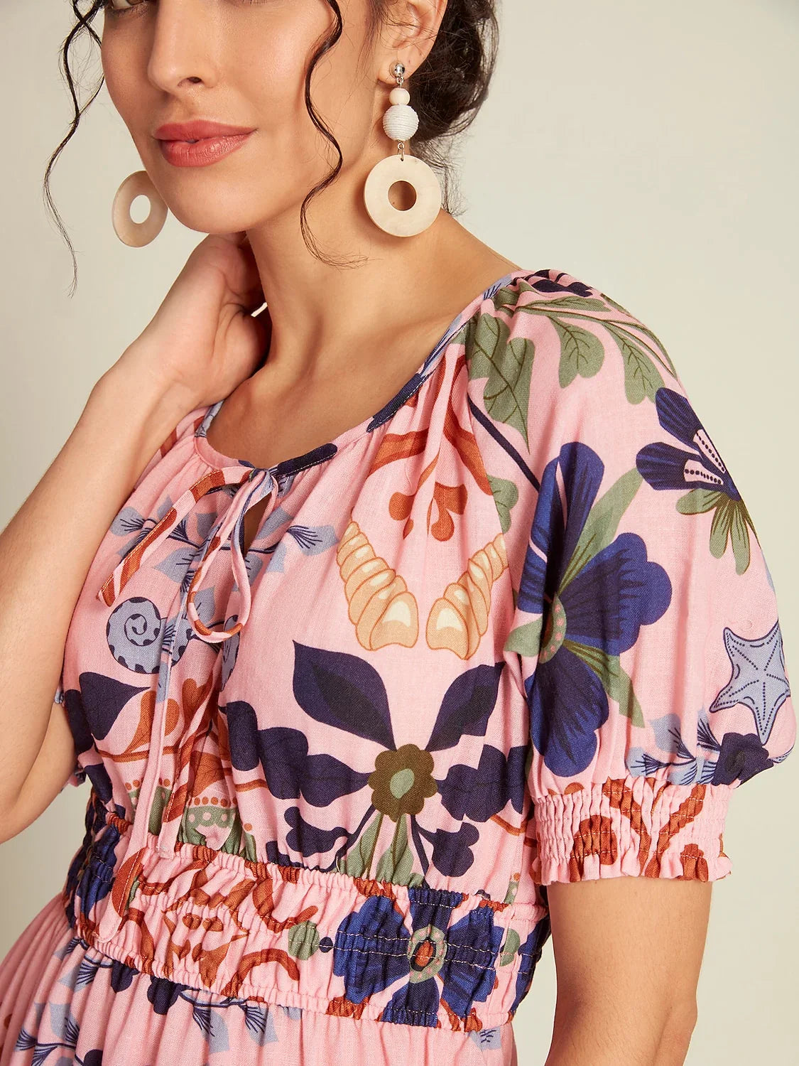Floral Print Lace Up Short Midi Dress