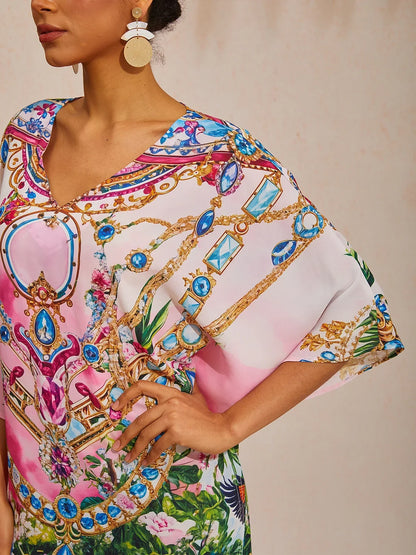 Pink Jungle Party Flowy Chiffon Diamond Maxi Dress