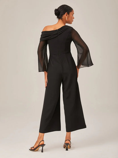 Draped Asymmetric Shoulder Elegant Black Jumpsuit