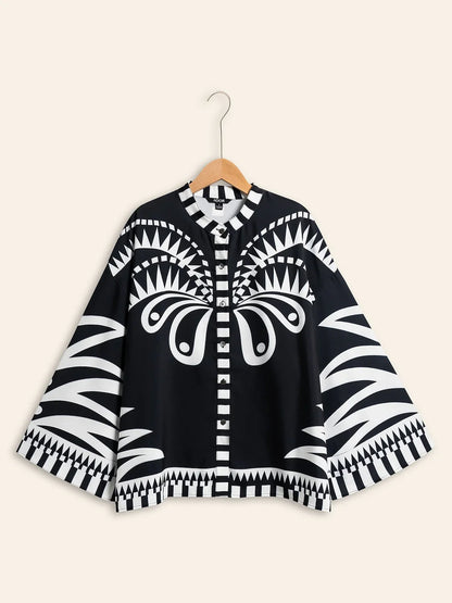 Black Satin Geometric Print Flare Cuff Blouse