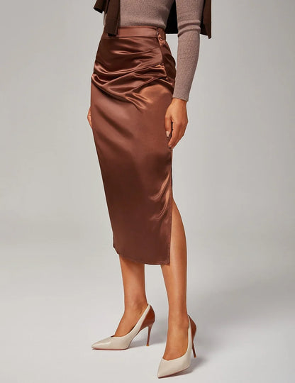 Stretch Pearlescent Satin Midi Skirt
