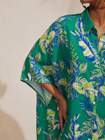 Leaf Print Shirt Short Sleeve Midi Chiffon Dress