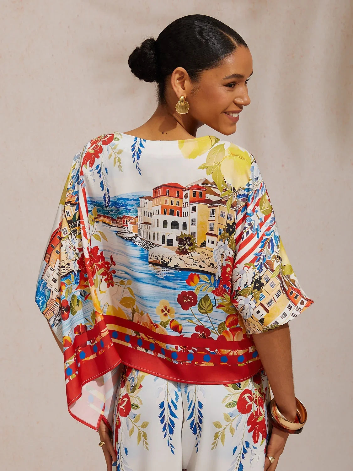 Summer Night Palm Silky Satin Dolman Sleeve Top
