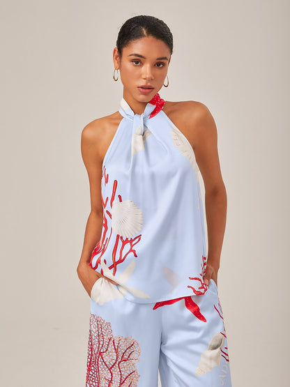 Satin Ocean-Inspired Pattern Print Vacation-Style Set