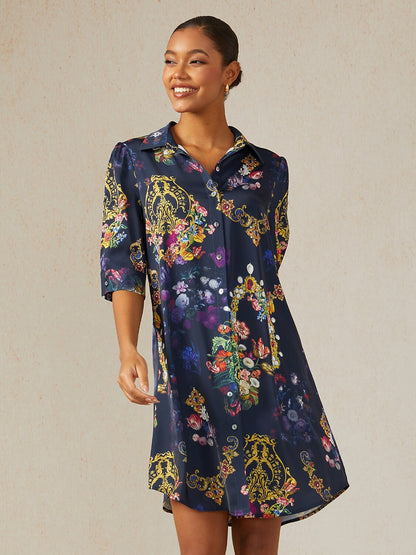 Midnight Jewel Bloom Silky Satin Shirt Dress