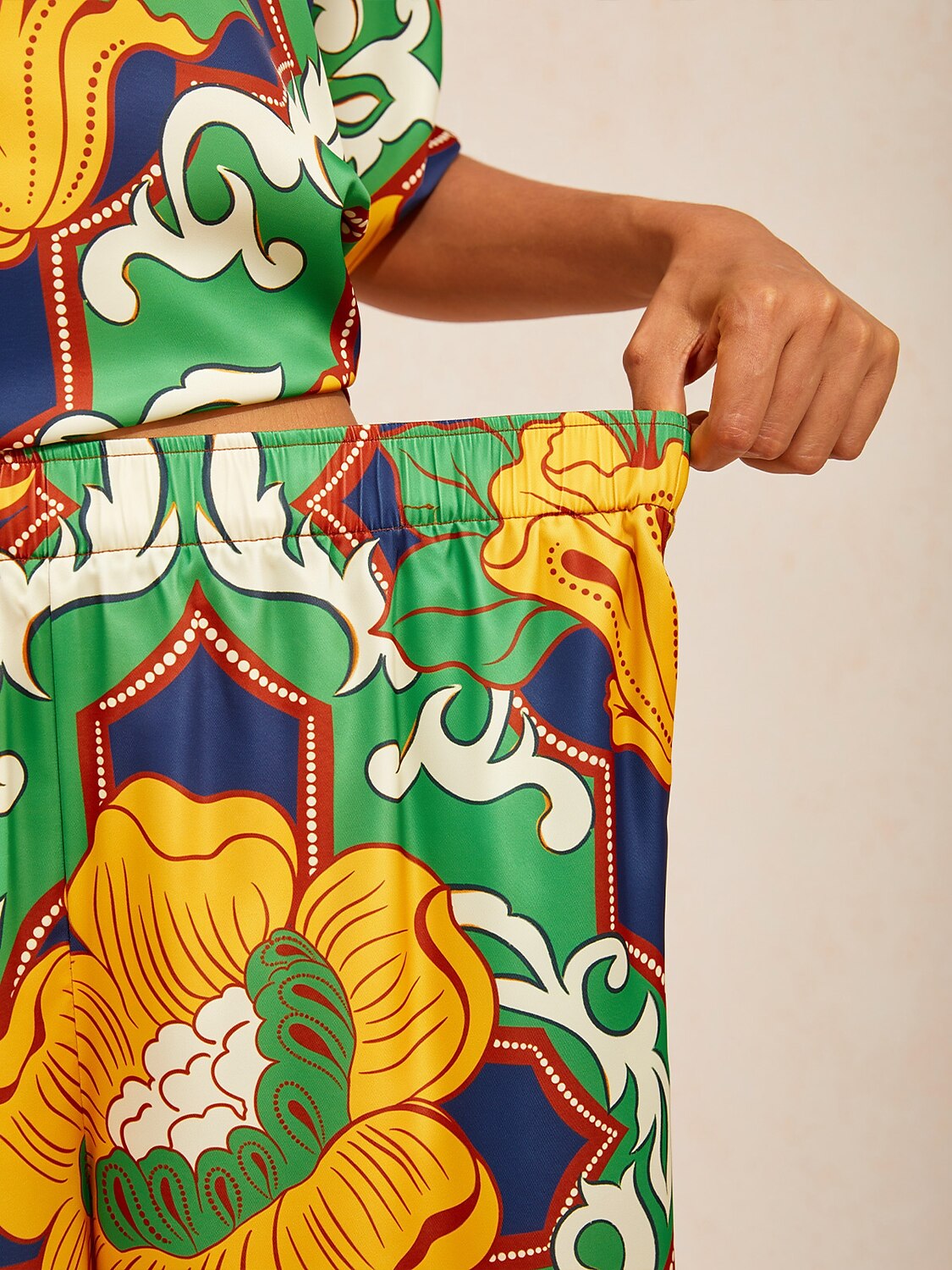 Emerald Bloom Bazaar Silky Satin Wide Leg Pants