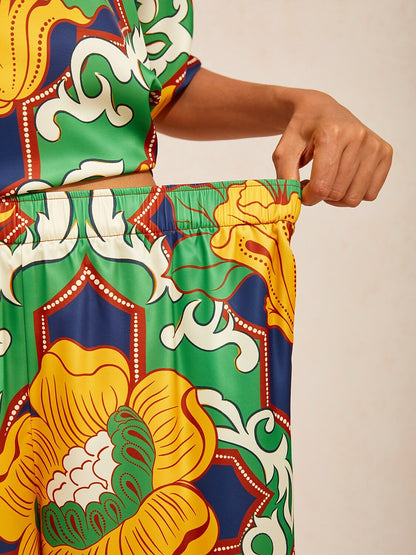 Emerald Bloom Bazaar Silky Satin Wide Leg Pants