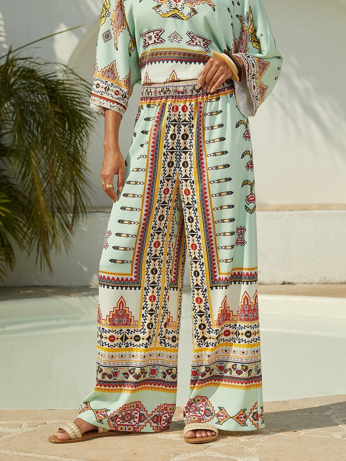 Ethnic Totem Silky Satin Wide Leg Pants