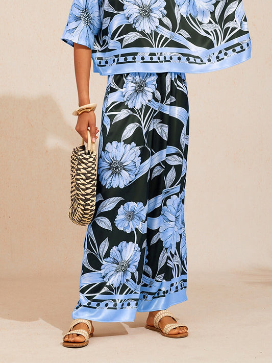Glacier Blue Petal Silky Satin Wide Leg Pants