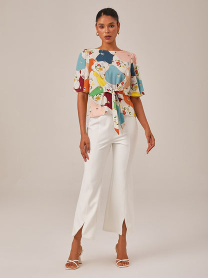 Geometric Floral Tie Front Top