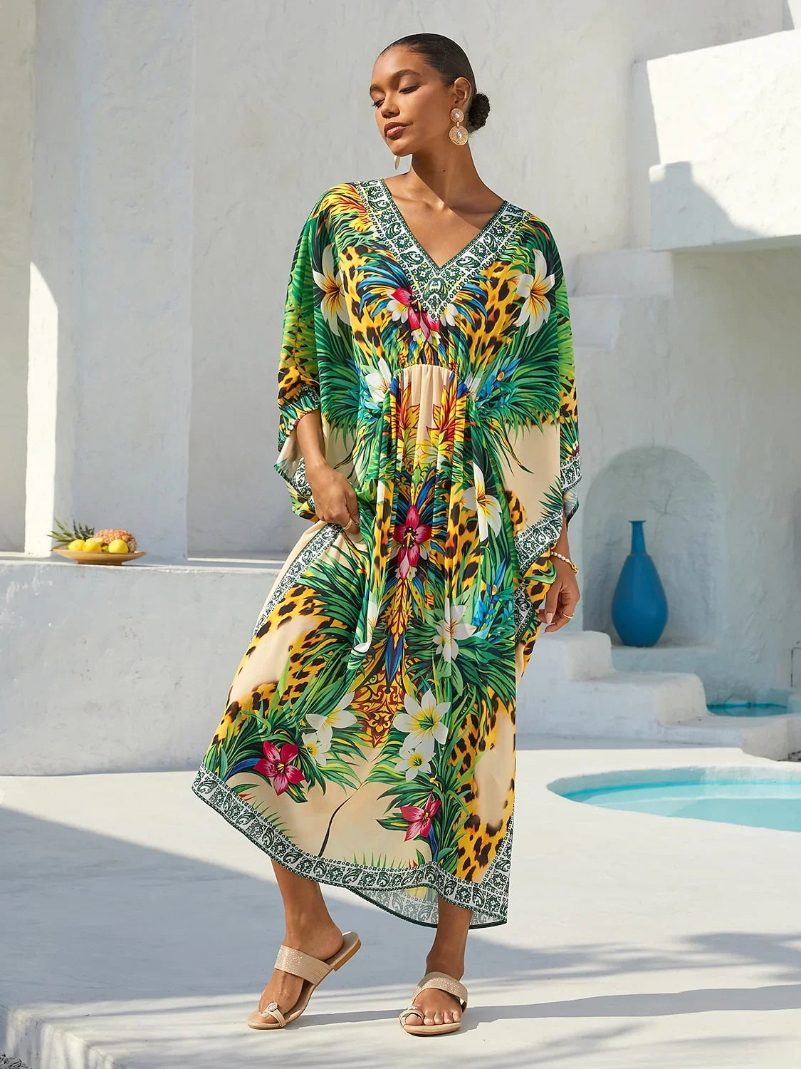 Tropical Temptation Flowy Chiffon Lepord Kaftan