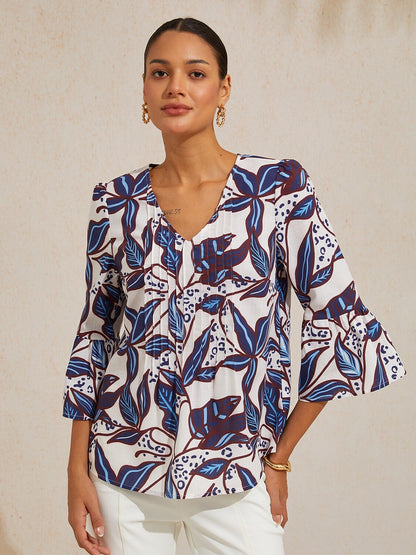 Cobalt Flora Reverie Linen Look V Neck Blouse