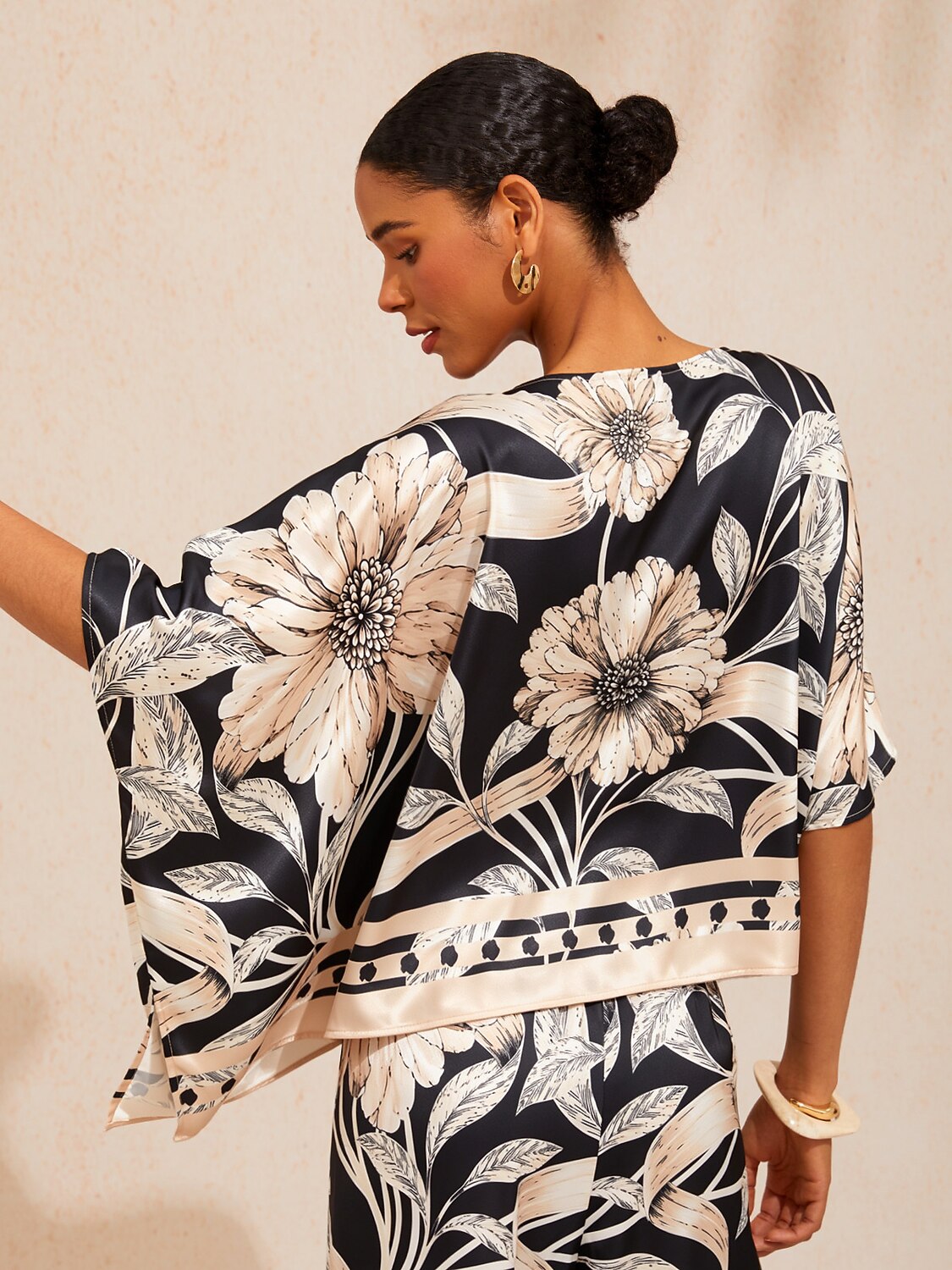 Golden Petal Silky Satin Dolman Sleeve Top