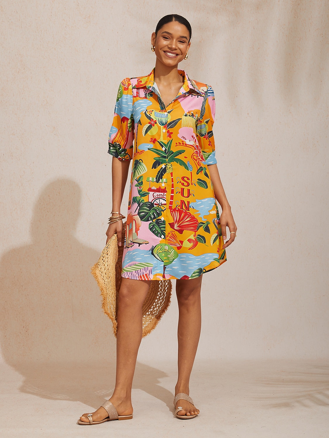 Deep Green Hibiscus Silky Satin Shirt Dress