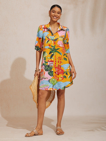 Deep Green Hibiscus Silky Satin Shirt Dress