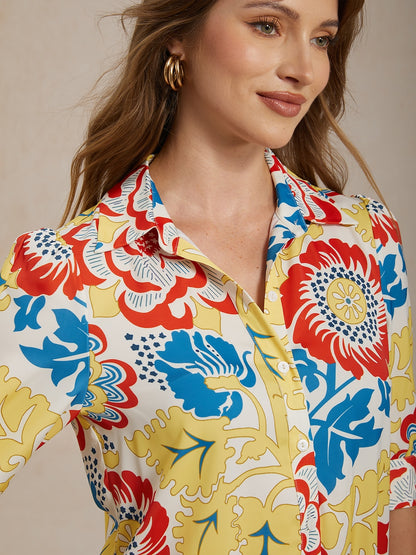 Vacation Satin Yellow Floral Print Shirt Mini Dress