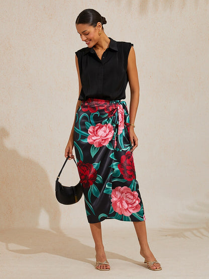 Emerald Rose Garden Silky Satin Wrap Skirt