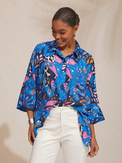 Abstract Azure Silky Satin Dot Shirt