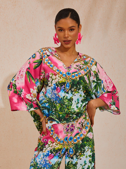 Pink Jungle Party Silky Satin Diamond Batwing Top