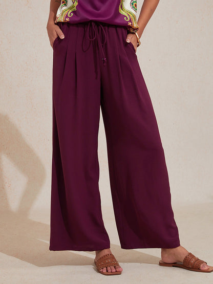 Burgundy Elastic Drawstring Linen Look Wide Leg Pants