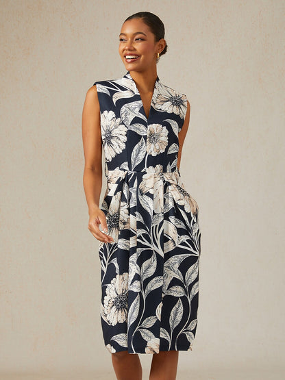Golden Petal Slub Fabric Party Midi Dress