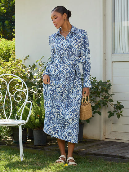 Azure Medallion Silky Satin Midi Dress