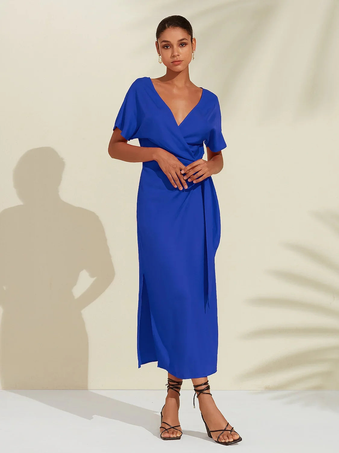 Tencel Linen Shirred Wrap Midi Dress