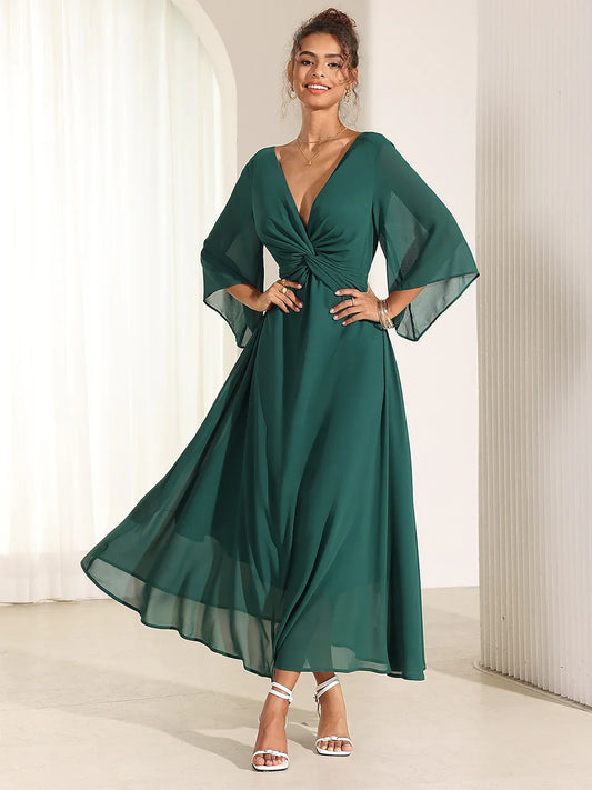 Elegant Chiffon Plain Ruffle Twisted Maxi Dress