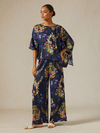 Midnight Jewel Bloom Silky Satin Wide Leg Pants