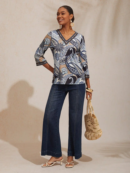 Abstract Paisley Pattern High Stretch Knit Top