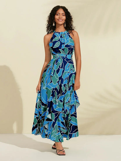 Chiffon Floral Print Halter Neck Ruffle Maxi Dress