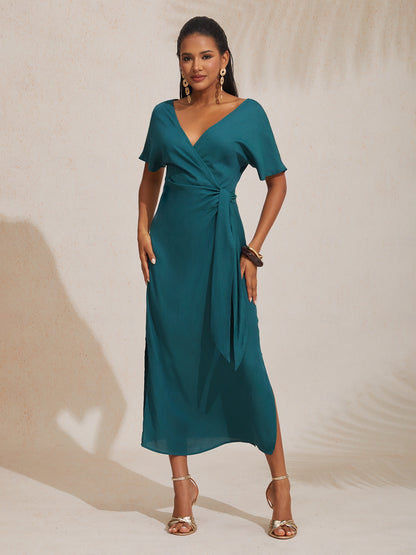 Robe mi-longue portefeuille froncée en Tencel et lin