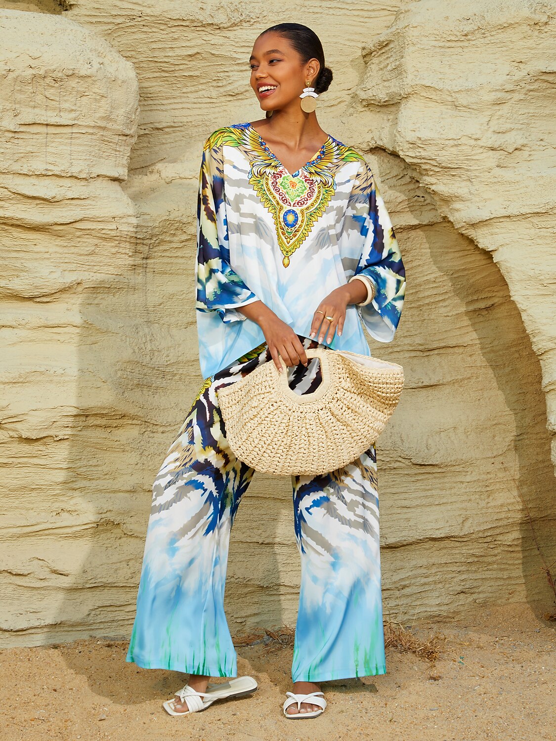 Indigo Tigress Silky Satin  Vacation Batwing Top