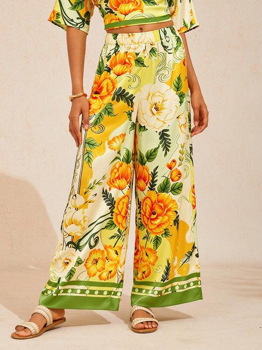 Golden Bloom Silky Satin Wide Leg Pants