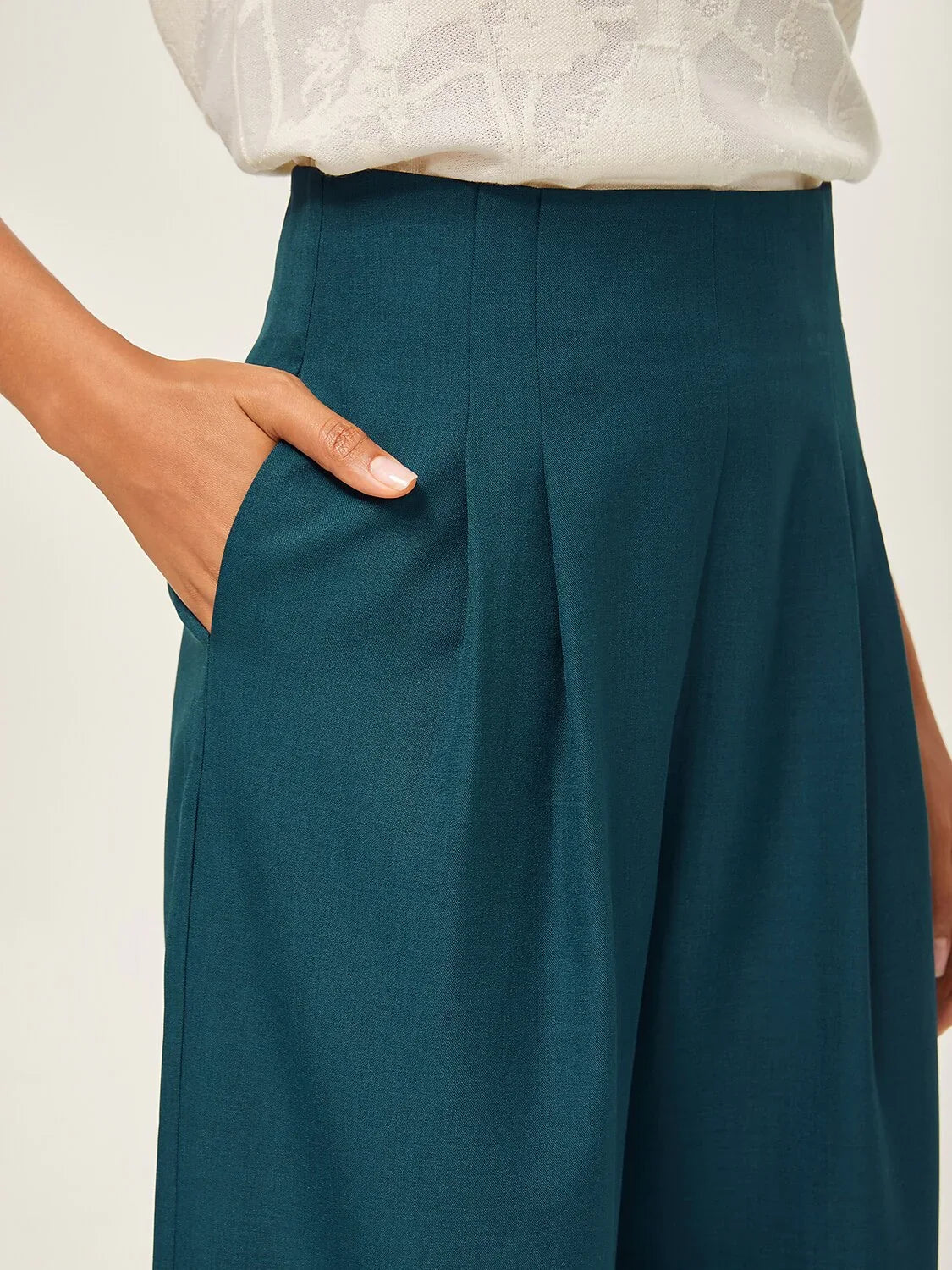 Lake Green Wool-Blend Slim Straight Pants