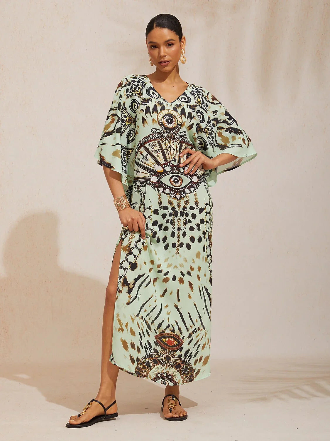 Vintage Leopard Jewelry Chiffon Dolman Sleeve Maxi Dress